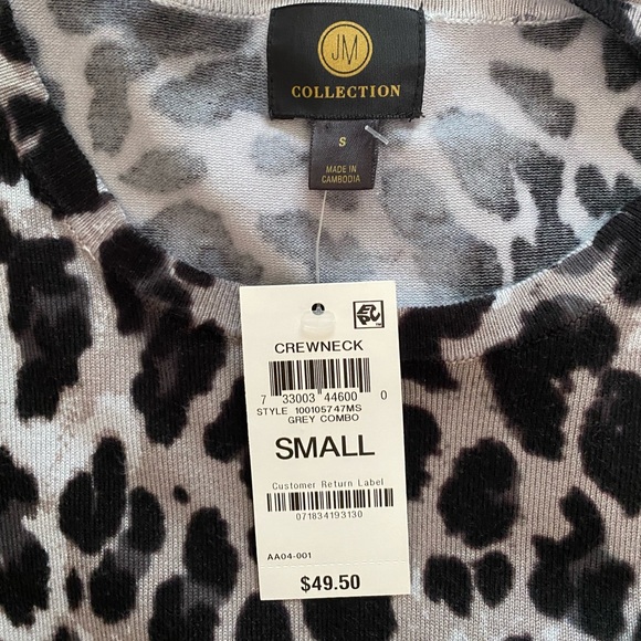 NWT JM Collection Cheetah-Print Crewneck Top, Gray Combo Women’s size Small - Picture 2 of 14